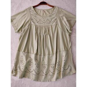Woman Within Tunic Top Boho Eyelett Pintucked Casual Summer 22/24 1X Pale Green